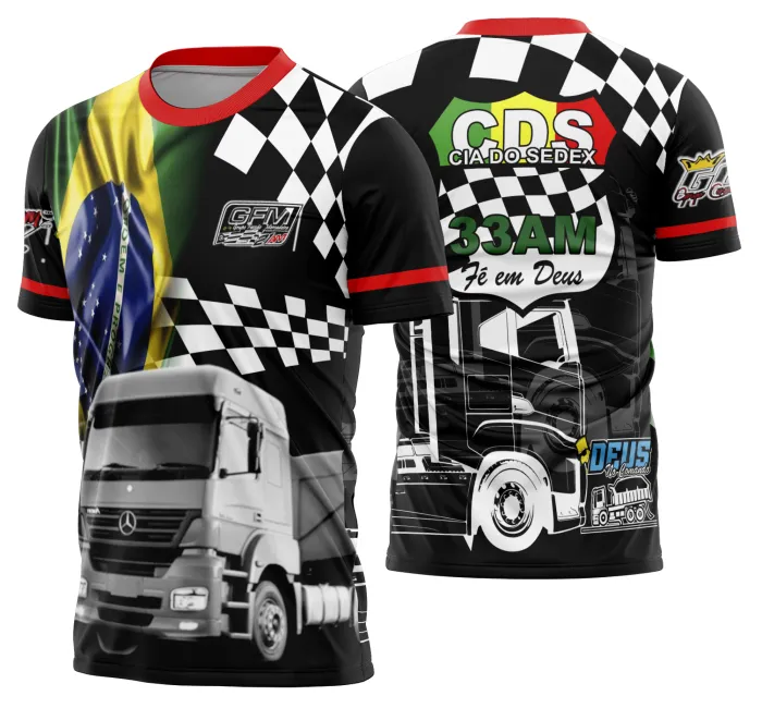 Camiseta unissex preta com logo no peito e estampa grande nas costas de caminhoneiros com caminhão carreta Modelo 30, design vibrante e estilo marcante para fãs de caminhões.