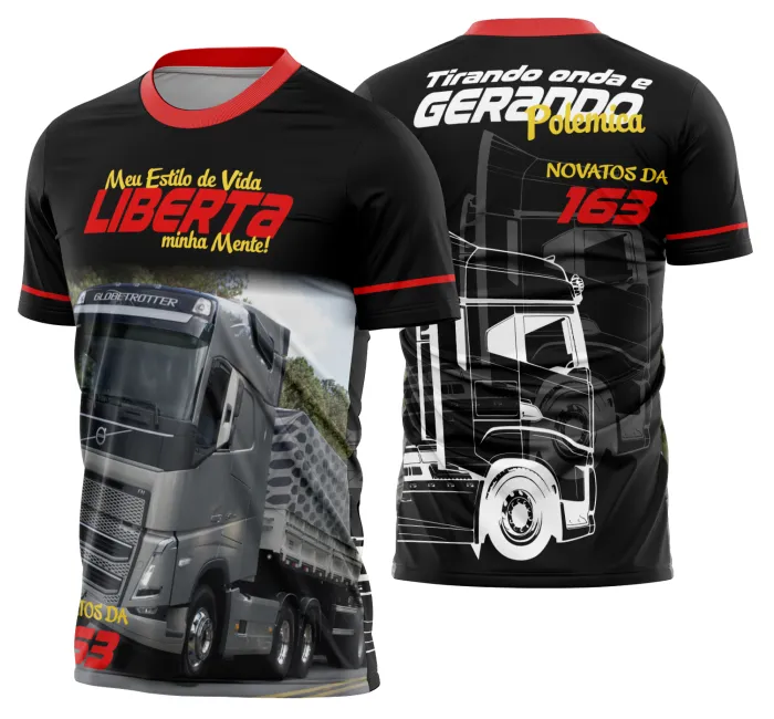 Camiseta unissex preta com logo no peito e estampa grande nas costas destacando o caminhão carreta modelo 32, ideal para amantes do universo dos caminhoneiros.