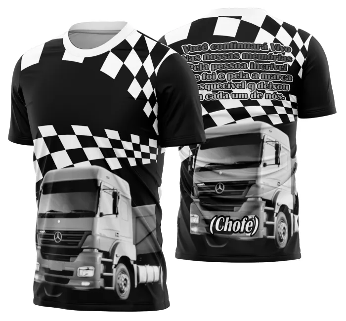 Camiseta unissex preta com logo no peito e estampa grande nas costas de caminhoneiros e caminhão carreta, ideal para amantes de caminhões e estilo camionista