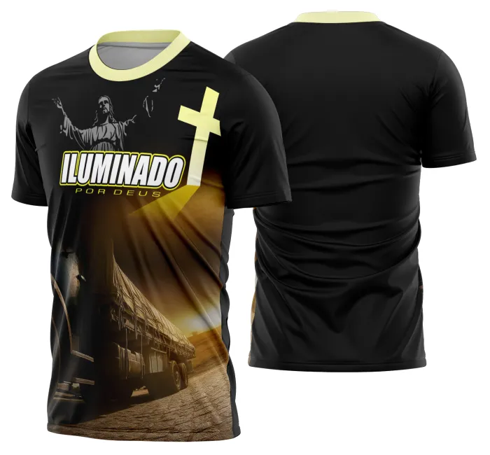 Camiseta unissex preta com logo no peito e estampa grande nas costas do tema caminhoneiros caminhão carreta modelo 35, visual moderno e confortável para uso diário.