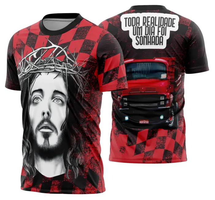 Camiseta unissex preta com logo no peito e estampa grande nas costas do caminhão carreta Modelo 37, ideal para fãs de caminhoneiros e caminhões.