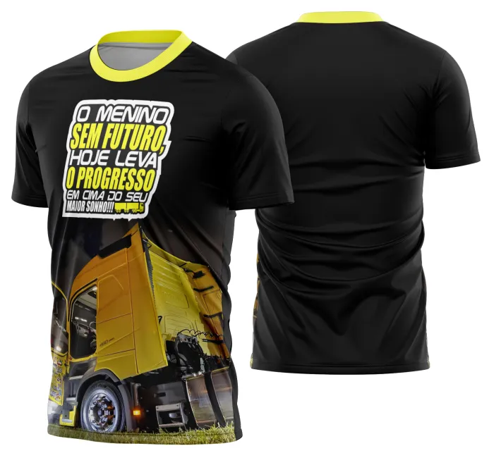 Camiseta unissex preta com logo no peito e estampa grande nas costas com tema de caminhoneiros, caminhão e carreta Modelo 39, estilo robusto e moderno.