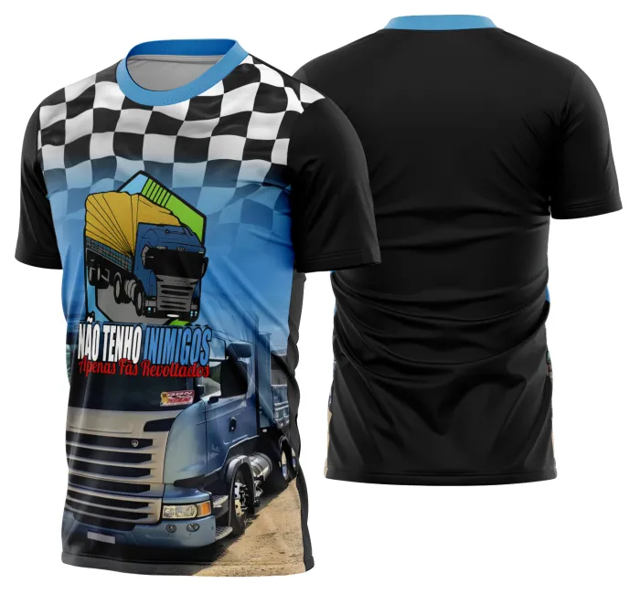 Camiseta unissex preta com logo no peito e estampa grande nas costas mostrando caminhão carreta modelo 40, ideal para quem ama o universo dos caminhoneiros.