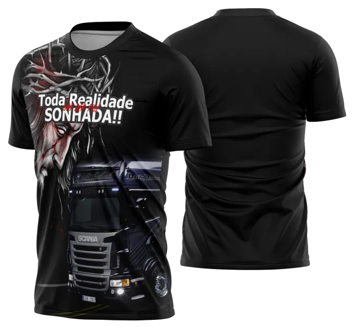 Camiseta unissex preta com logo no peito e estampa grande nas costas, tema Caminhoneiros Caminhão Carreta Modelo 42, visual moderno e robusto ideal para fãs da profissão.