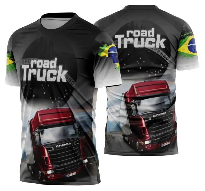 Camiseta unissex preta com logo no peito e estampa grande nas costas focada em caminhoneiros, caminhão e carreta modelo 43, ideal para quem ama o universo das estradas.