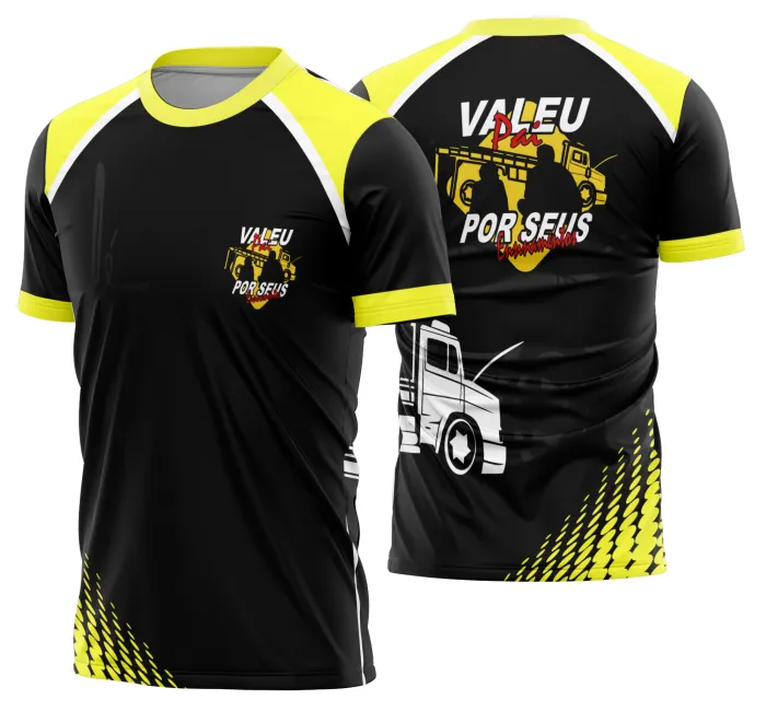 Camiseta unissex preta com logo no peito e estampa grande nas costas mostrando caminhoneiro e carreta Modelo 44, ideal para fãs de caminhões e caminhoneiros.