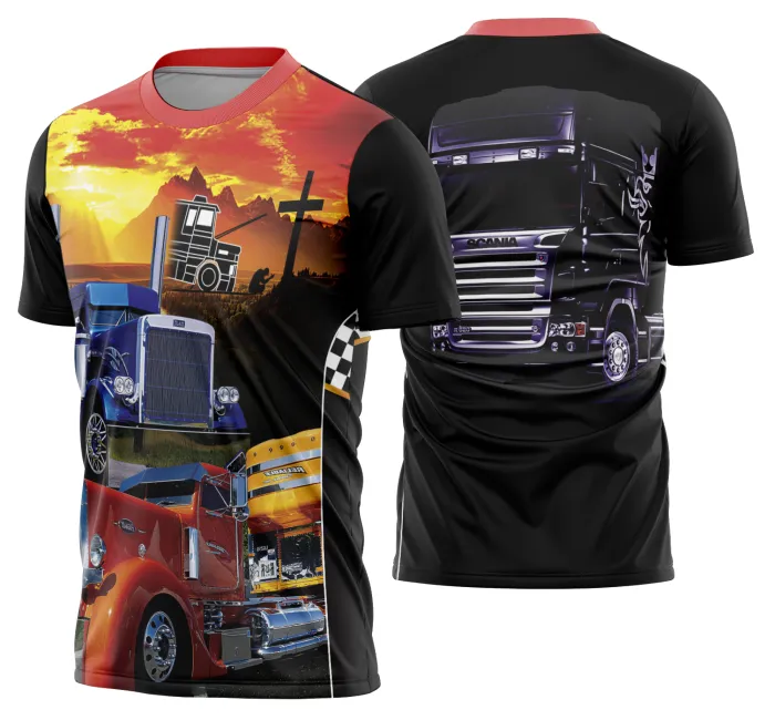 Camiseta unissex preta com logo no peito e estampa grande nas costas mostrando caminhoneiro e carreta Modelo 46, ideal para fãs de caminhões e profissionais da estrada.