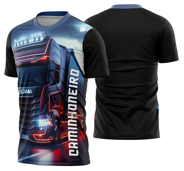 Foto de camiseta unissex preta com logo no peito e estampa grande nas costas mostrando caminhão carreta modelo 49, ideal para caminhoneiros e fãs do tema transporte rodoviário