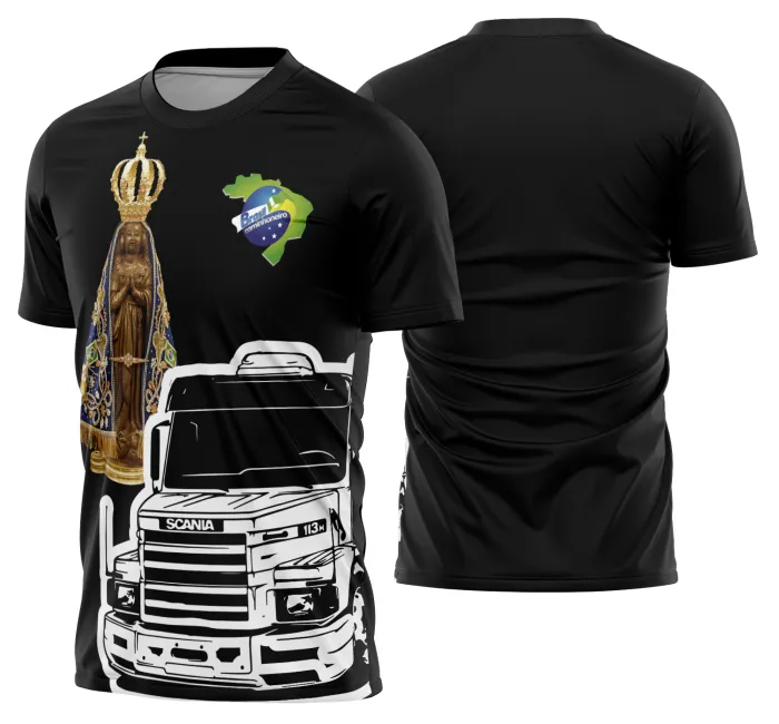 Camiseta unissex preta com logo no peito e estampa grande nas costas mostrando caminho de caminhão carreta Modelo 50, perfeita para fãs de caminhoneiros e transporte pesado.