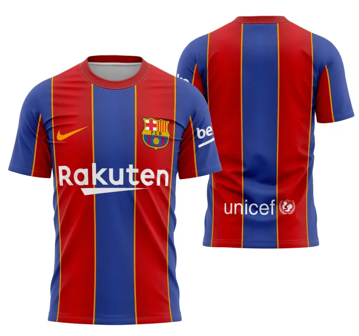 Foto de camiseta unissex branca com logo no peito e estampa grande nas costas inspirada na Camisa Camisola Principal Do Barcelona 2020-2021, com design vibrante e cores fiéis ao tradicional uniforme do clube.
