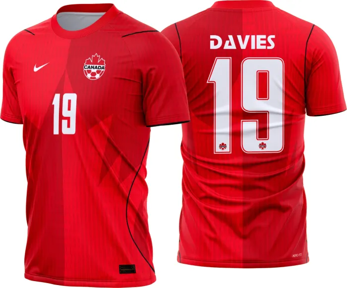 Camisa unissex com base preta, logo no peito e estampa grande nas costas com design do Canadá Titular 2026-28, perfeita para torcer com estilo.