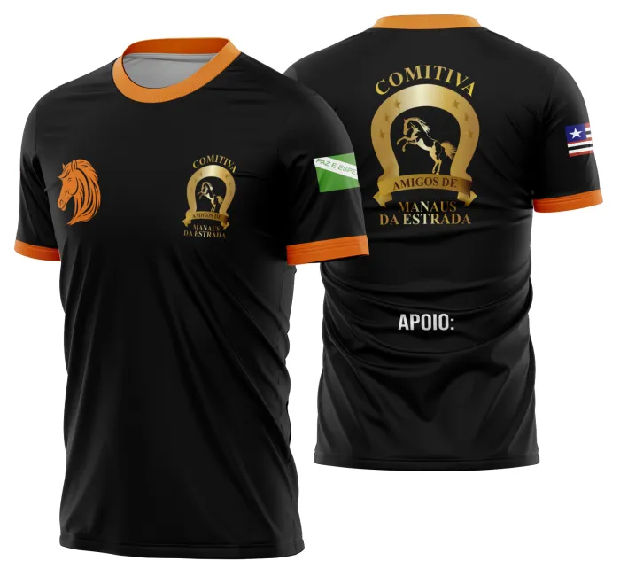 Camiseta unissex preta com logo no peito e estampa grande nas costas mostrando cavalgada e vaquejada com cavalo, ideal para quem ama rodeio e tradição do campo.