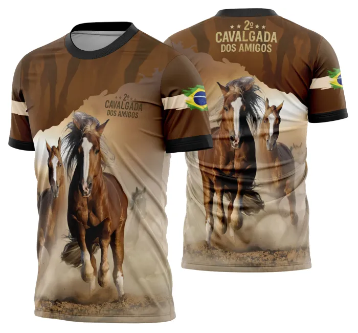Camiseta unissex preta com logo no peito e estampa grande nas costas mostrando cavalo na cavalgada vaquejada modelo 08, ideal para quem ama rodeio e cultura do campo.