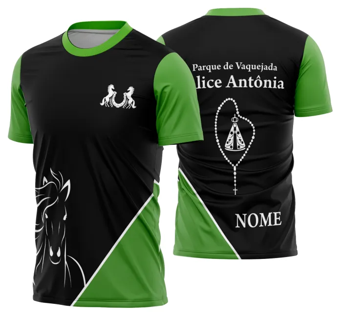 Camiseta unissex preta com logo no peito e estampa grande nas costas, tema cavalgada e vaquejada com cavalo, ideal para quem ama rodeio e tradição no estilo cowboy.