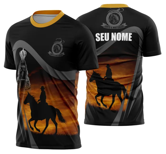 Camiseta unissex preta com logo no peito e estampa grande nas costas com tema Cavalgada Vaquejada Cavalo Modelo 21, ideal para fãs do universo country.