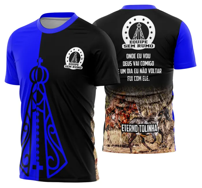 Camiseta unissex preta com logo no peito e estampa grande nas costas mostrando cavalo em cavalgada e vaquejada, perfeita para amantes do rodeio e vida no campo.