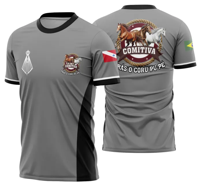 Camiseta unissex preta com logo no peito e estampa grande nas costas mostrando cavalo e vaquejada, perfeita para cavalgada e eventos rurais.