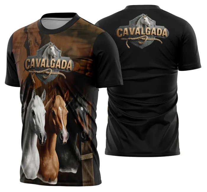 Camiseta unissex preta com logo no peito e estampa grande nas costas retratando cavalgada e vaquejada com cavalo, ideal para quem ama rodeio e estilo country.