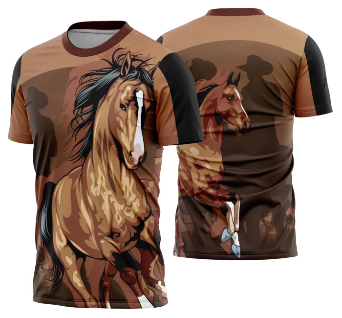 Camiseta unissex preta com logo no peito e estampa grande nas costas mostrando cavalo na cavalgada vaquejada modelo 41