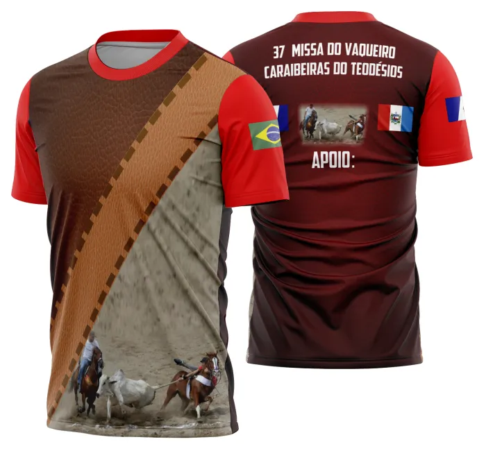 Camiseta unissex branca com logo no peito e estampa grande nas costas mostrando cavalo na vaquejada, estilo cavalgada, ideal para fãs do rodeio e cultura nordestina.