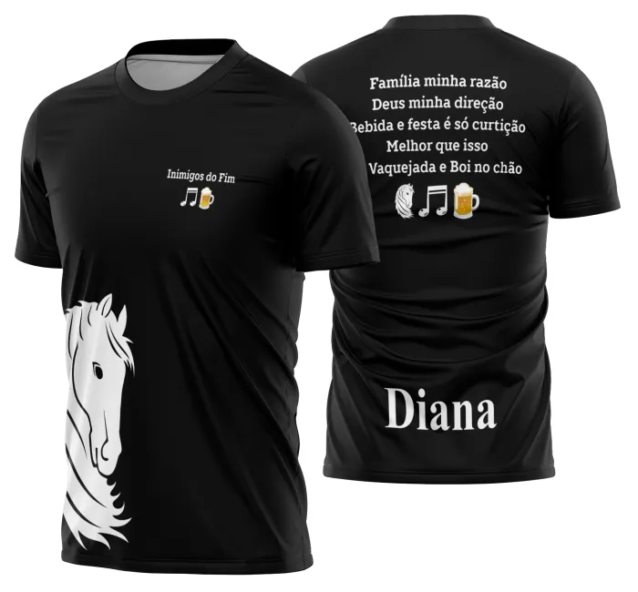 Camiseta unissex preta com logo no peito e estampa grande nas costas mostrando cavalo na cavalgada vaquejada modelo 48, ideal para quem ama rodeio e cultura sertaneja.