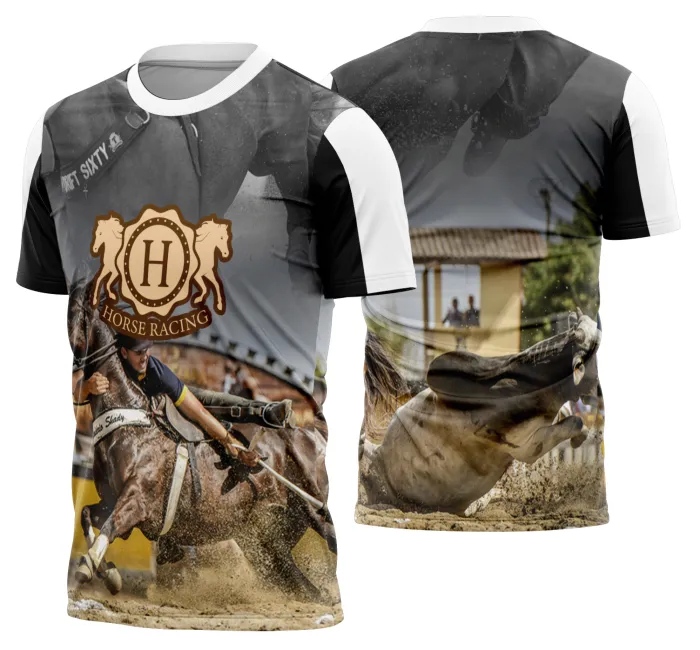 Camiseta unissex preta com logo no peito e estampa grande nas costas mostrando cavalgada e vaquejada com cavalo, perfeito para fãs de rodeio e cultura sertaneja.