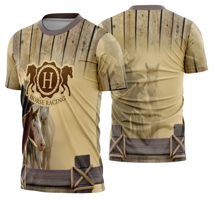 Camiseta unissex preta com logo no peito e estampa grande nas costas sobre tema Cavalgada Vaquejada Cavalo Modelo 53, perfeita para o estilo country e rodeio.