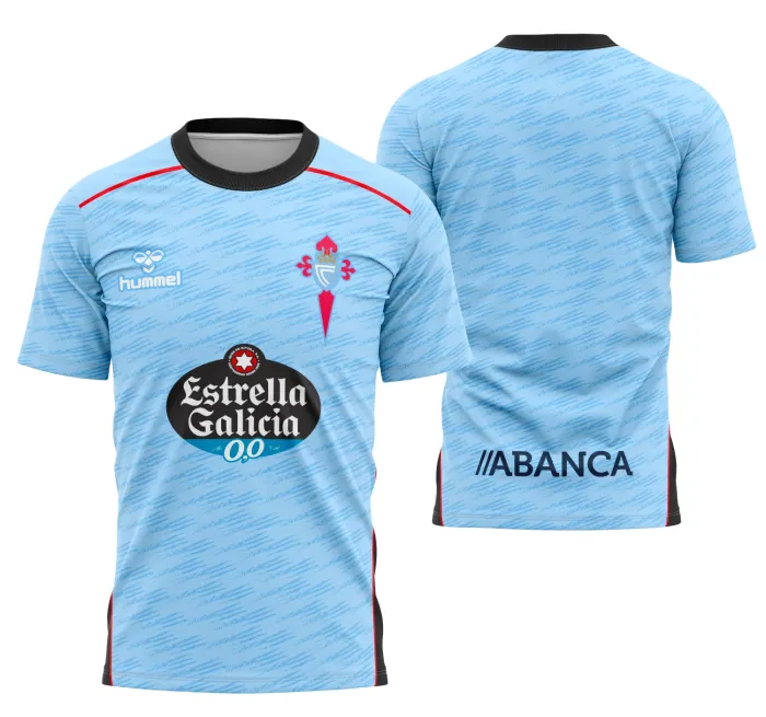 Camisa unissex preta com logo no peito e estampa grande nas costas inspirada no Celta de Vigo Uniforme Principal 2025-26, destacando o design esportivo e moderno da camiseta.