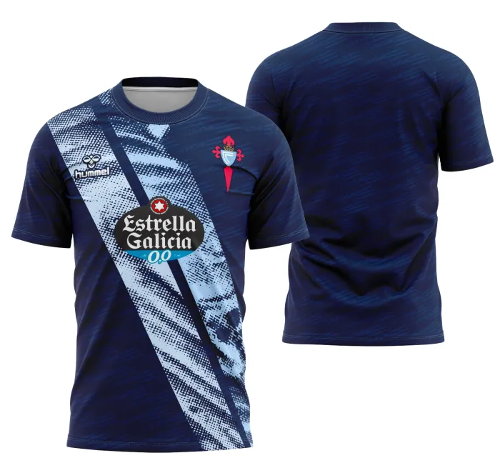Camiseta unissex preta com logo no peito e estampa grande nas costas do Celta de Vigo Uniforme Reserva 25-26, ideal para fãs e colecionadores.