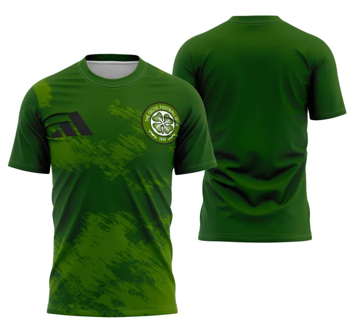 Camiseta unissex preta com logo no peito e estampa grande nas costas inspirada no Celtic FC, destacando um visual esportivo e moderno.