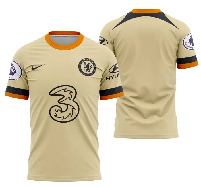 Camiseta unissex preta com logo no peito e estampa grande nas costas baseada no Chelsea Alternativa 2022-2023 Modelo 1, estilo moderno e esportivo, perfeita para torcedores e fãs do time.
