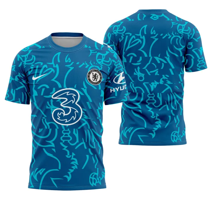 Camiseta unissex preta com logo no peito e estampa grande nas costas inspirada no Chelsea Concept 2022-2023, perfeita para fãs do futebol e estilo streetwear.