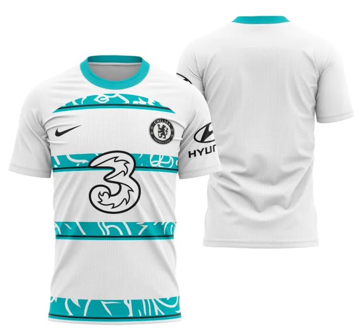 Camiseta unissex preta com logo no peito e estampa grande nas costas do Chelsea Concept 2022-2023, design moderno e esportivo.