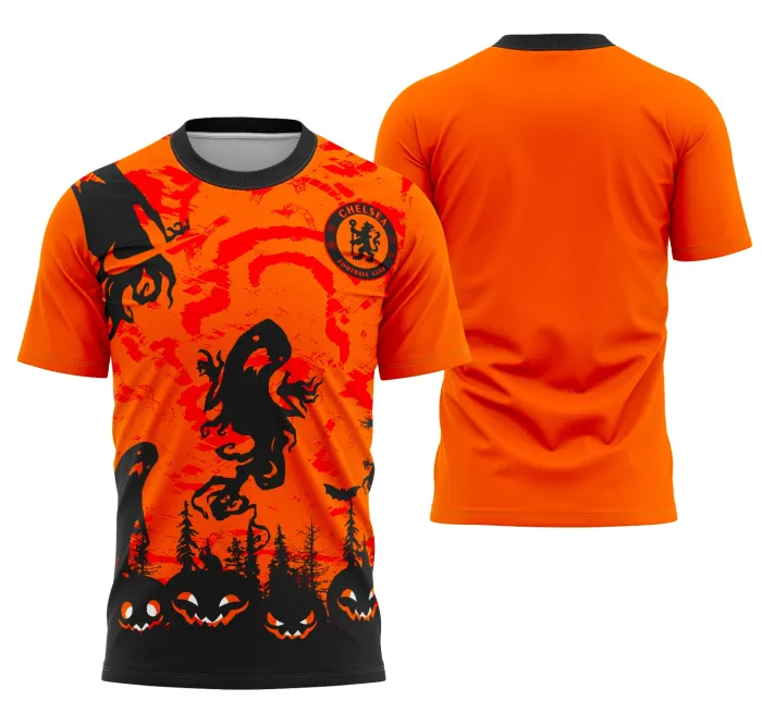 Camiseta unissex preta com logo no peito e estampa grande nas costas inspirada no Chelsea FC, ideal para torcedores que querem estilo e conforto.