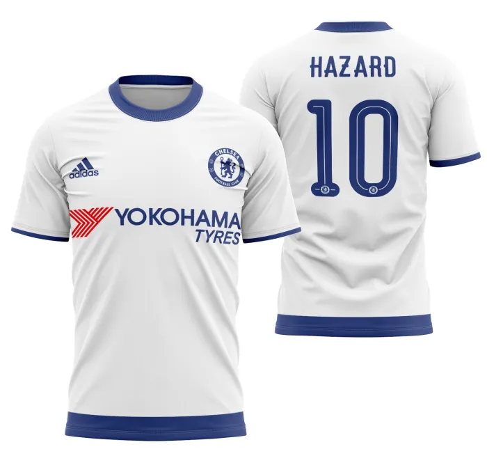 Camiseta unissex preta com logo no peito e estampa grande nas costas do Chelsea Jersey Away 2015-2016, ideal para fãs do futebol e colecionadores.