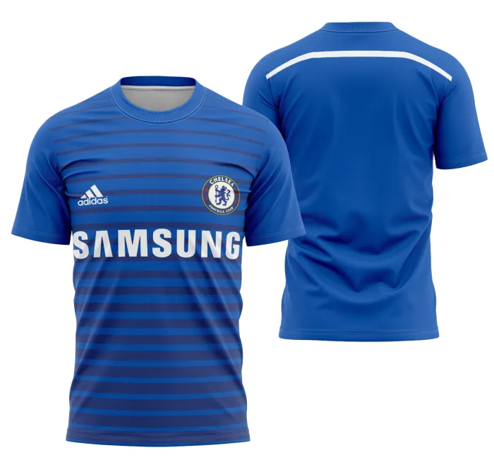 Camiseta unissex preta com logo no peito e estampa grande nas costas inspiradas na Chelsea Jersey Home 2014-2015, ideal para amantes do futebol e fãs do clube.