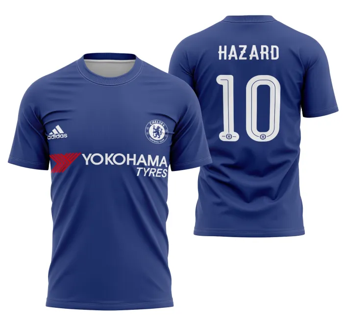 Camiseta unissex preta com logo no peito e estampa grande nas costas do Chelsea Jersey Home 2015-2016, combinando estilo e conforto para fãs do time.