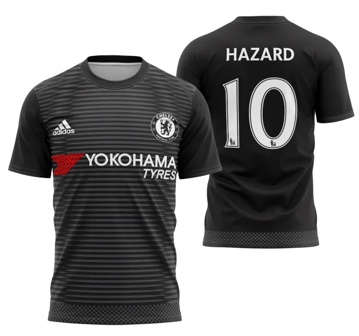 Camisa preta unissex com logo no peito e estampa grande nas costas inspirada na Chelsea Jersey Third 2015-2016, perfeita para fãs do futebol e estilo único.