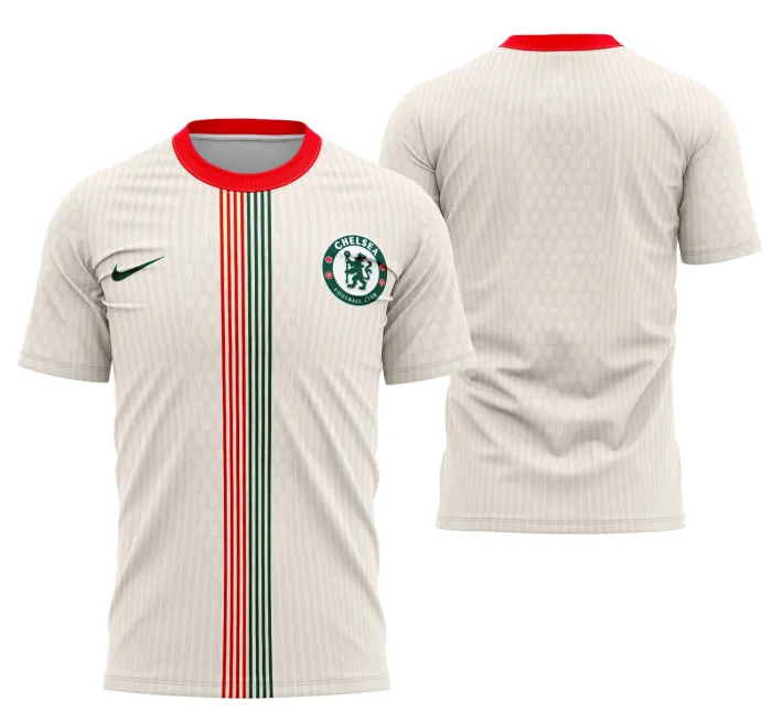 Camiseta unissex preta com logo no peito e estampa grande nas costas do Chelsea Kit Fora 2025-26, ideal para fãs que querem estilo e autenticidade no visual.