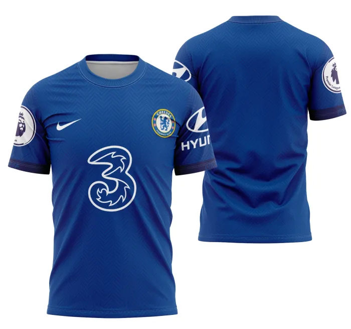 Camiseta unissex preta com logo no peito e estampa grande nas costas do Chelsea Local 2020-2021, perfeita para fãs do time em um visual moderno e confortável.