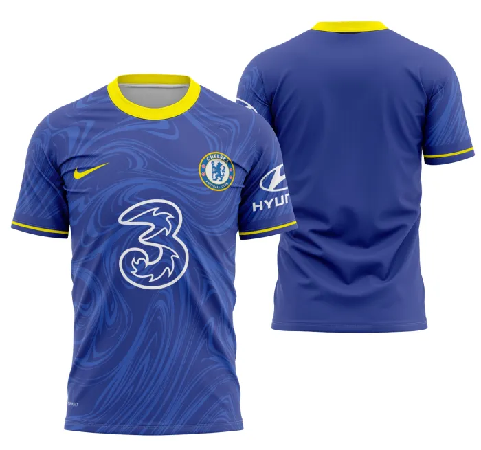 Camiseta unissex preta com logo no peito e estampa grande nas costas inspirada no Chelsea Local 2022 Concept, ideal para fãs do futebol e estilo esportivo.