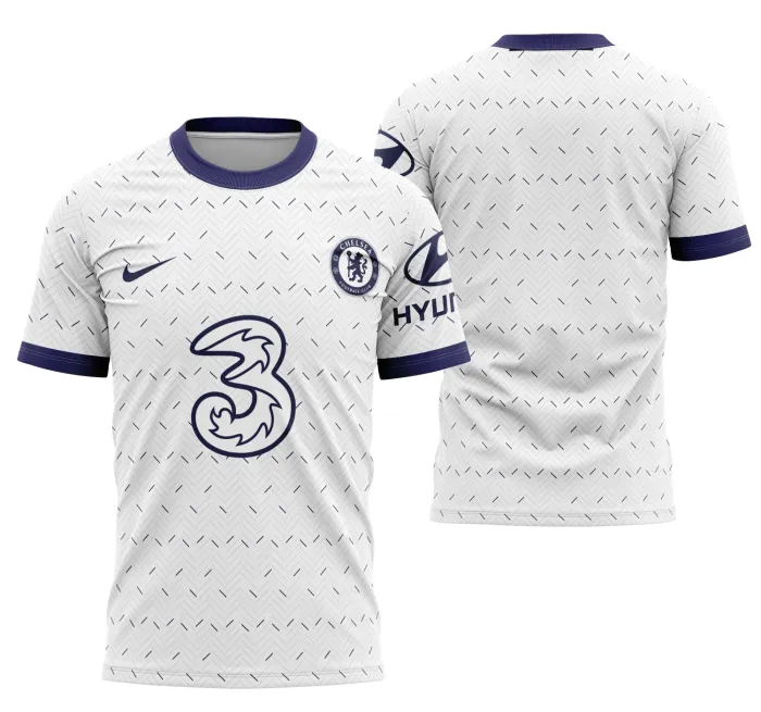 Camiseta unissex preta com logo no peito e estampa grande nas costas, tema Chelsea Visita 2020-2021, ideal para quem ama futebol e estilo moderno.