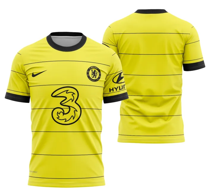 Camiseta unissex preta com logo no peito e estampa grande nas costas inspirada na camisa Chelsea Visita 2021-2022, ideal para fãs e colecionadores atentos ao estilo do time.