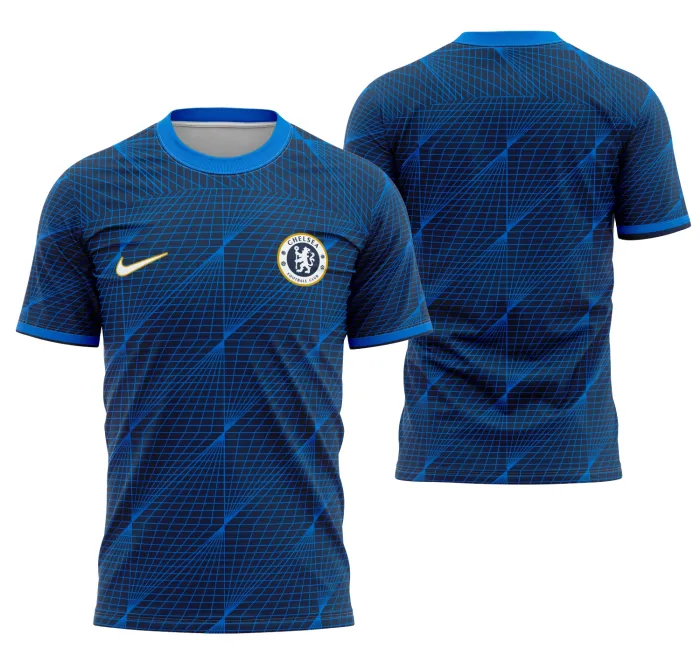 Camiseta unissex preta com logo no peito e estampa grande nas costas temática do Chelsea Visita 2023-2024, ideal para fãs do futebol, estilo moderno e confortável.