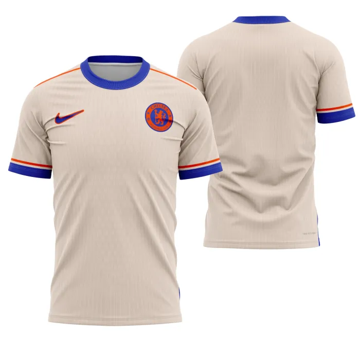 Camiseta unissex preta com logo no peito e estampa grande nas costas destacando o tema Chelsea Visita 2024-2025, design moderno e vibrante, perfeita para torcedores e fãs do clube.