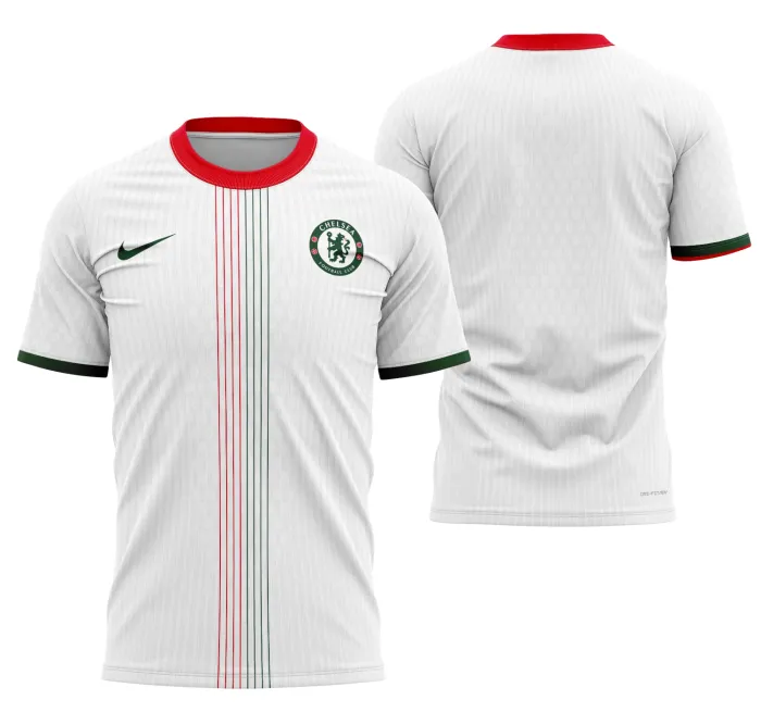 Camiseta unissex preta com logo no peito e estampa grande nas costas temática Chelsea Visita 2025-2026, design moderno e vibrante para fãs e colecionadores.