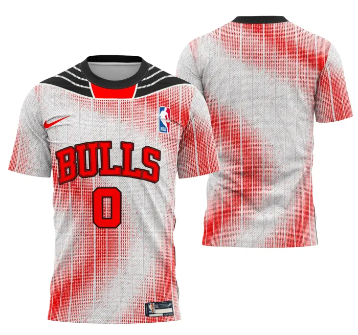 Camiseta unissex preta com logo no peito e estampa grande nas costas com conceito Chicago Bulls, design moderno e estilo urbano para fãs do basquete.