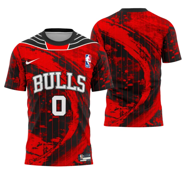 Camiseta unissex preta com logo no peito e estampa grande nas costas com tema Chicago Bulls Conceito Casa, design moderno e atraente para torcedores.
