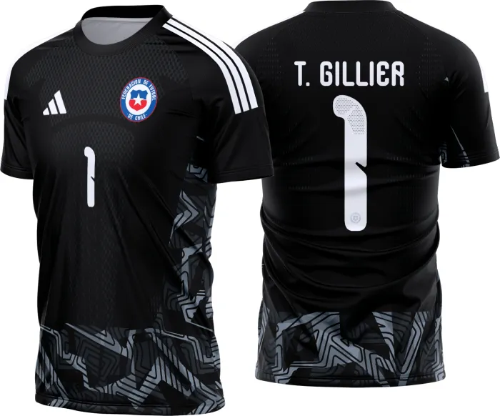Camiseta unissex preta com logo no peito e estampa grande nas costas inspirada em Chile Goleiro 2026 2028, perfeita para quem ama futebol e estilo marcante.