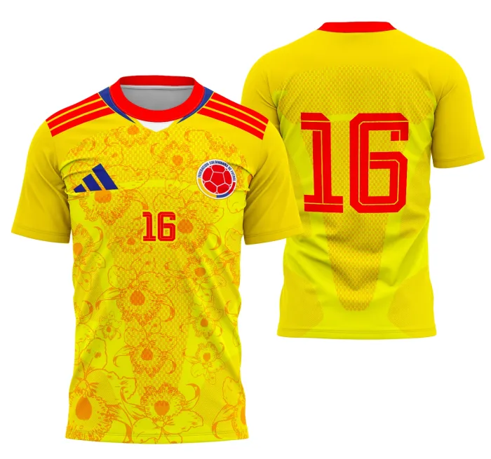 Camiseta unissex preta com logo no peito e estampa grande nas costas inspirada na Colômbia Conceito, visual moderno e vibrante perfeito para torcedores e design esportivo.